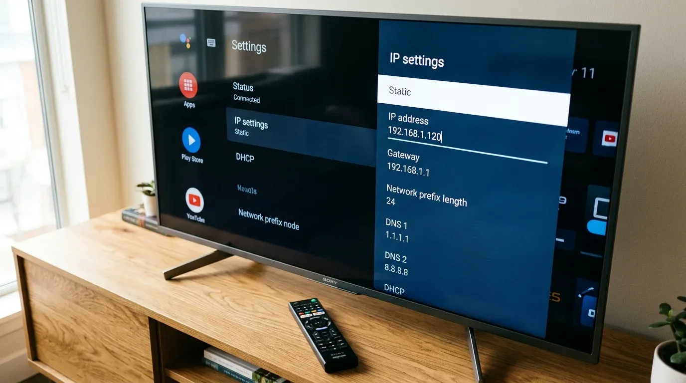 Экран настройки статического IP-адреса и шлюза в меню Android TV