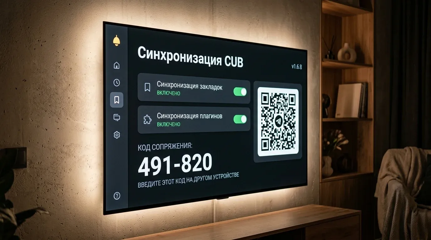 Меню синхронизации профиля CUB в интерфейсе Lampa с QR-кодом для привязки нового устройства