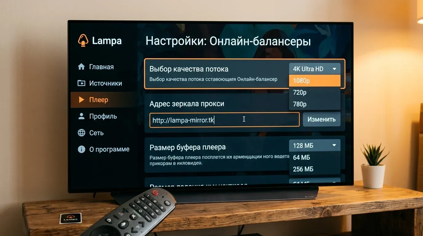 Экран настроек параметров онлайн балансеров в Lampa с выбором качества и размера буфера