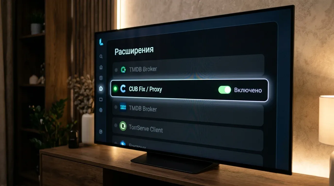 Экран настроек Lampa с установленным скриптом CUB Fix и активированным переключателем проксирования