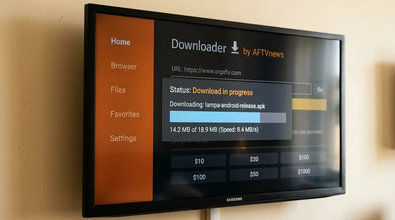 Процесс загрузки установочного файла Lampa через утилиту Downloader на экране телевизора