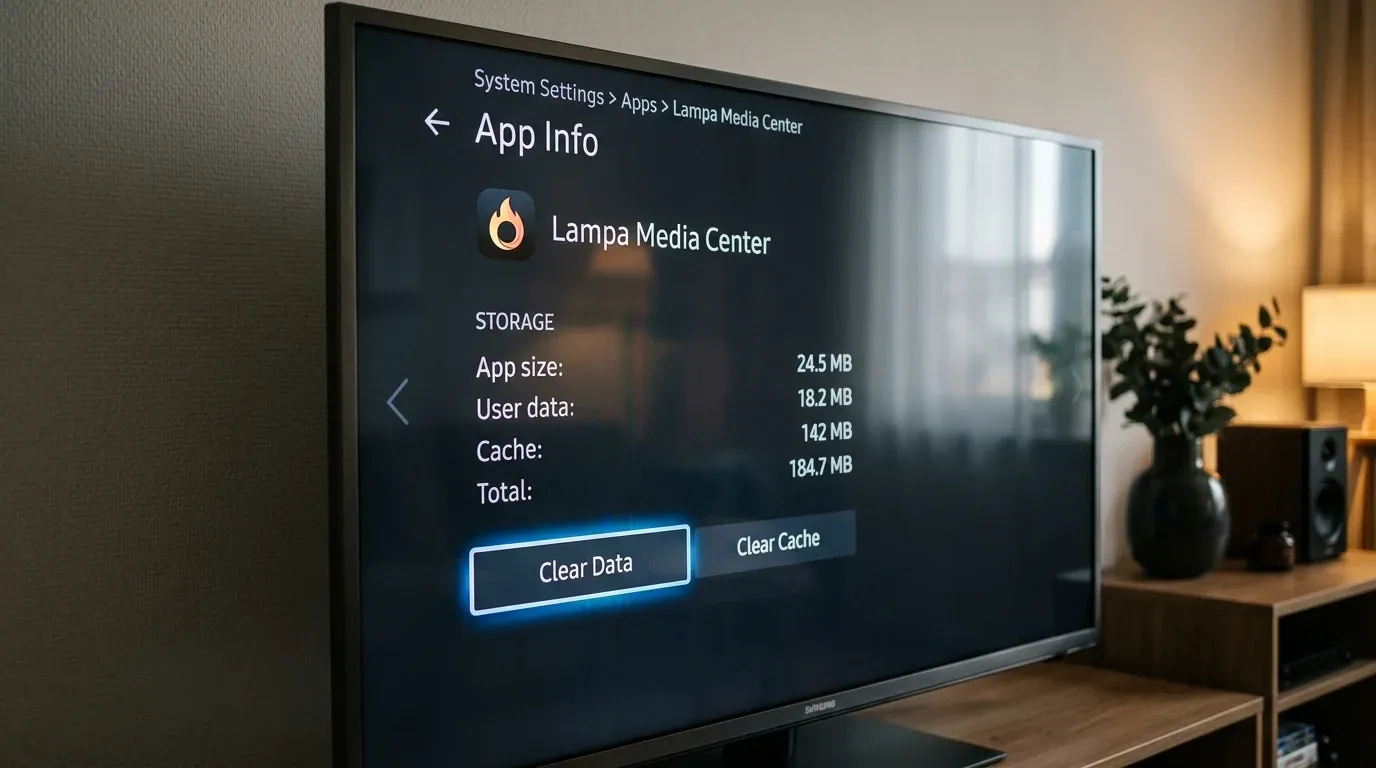 Системное меню настроек приложений Android TV с кнопками очистки данных и кэша Lampa