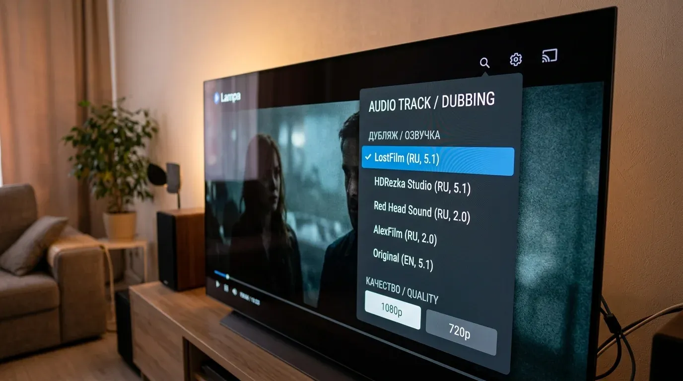 Меню выбора студий озвучки и качества видеопотока 1080p в плеере Lampa