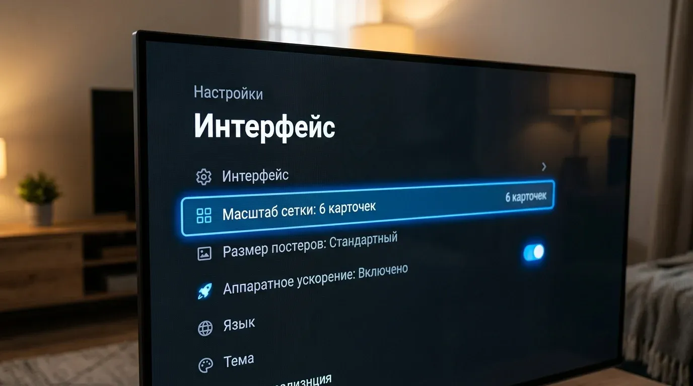 Меню настроек интерфейса Lampa с параметрами масштаба сетки и аппаратного ускорения