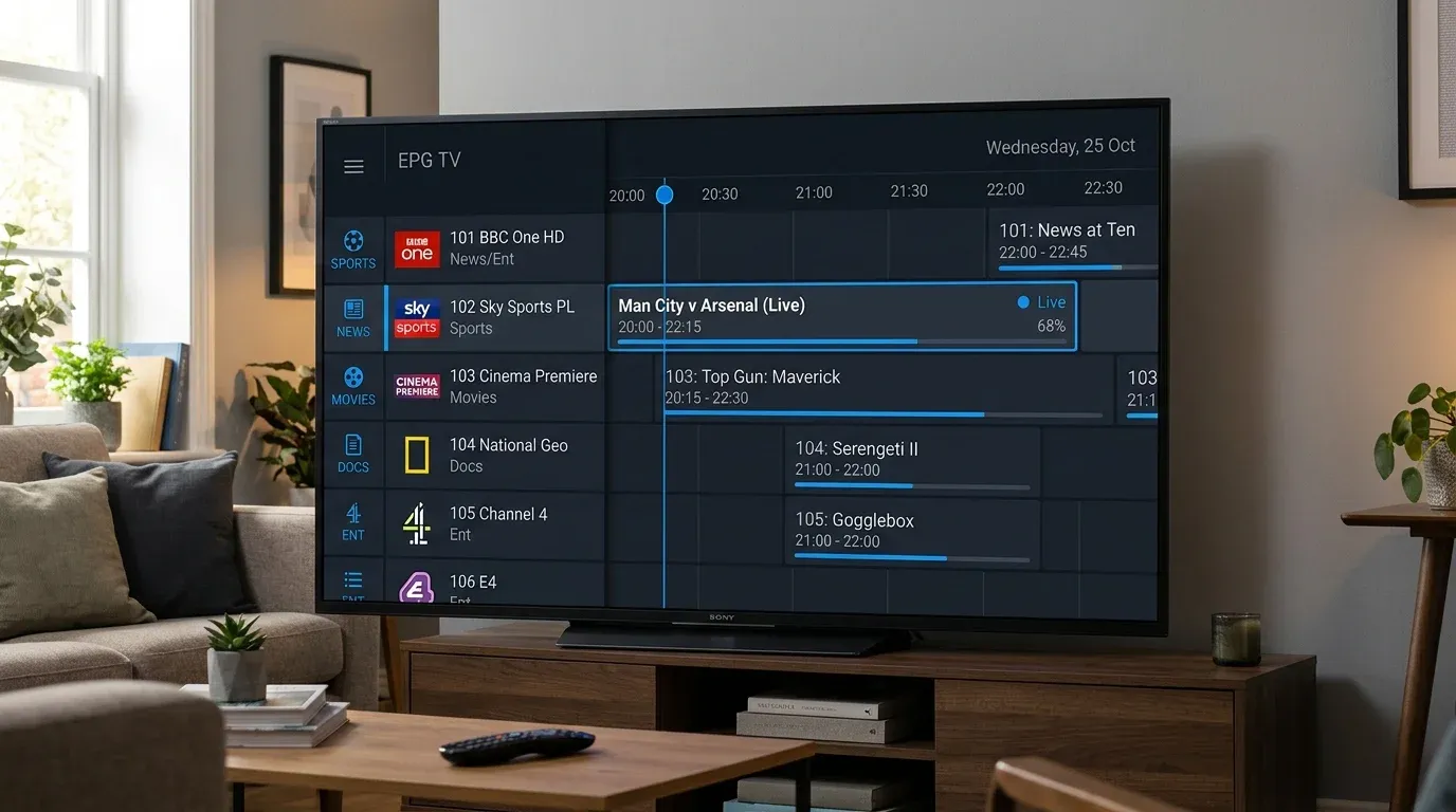 Отображение сетки телеканалов со шкалой времени EPG и текущими телепередачами в медиаоболочке Lampa