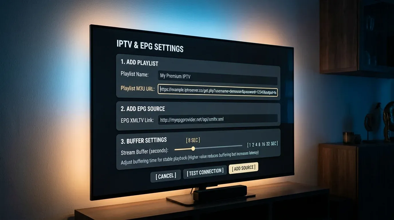 Меню добавления пользовательского плейлиста M3U и ссылки телепрограммы EPG в интерфейсе расширения Lampa