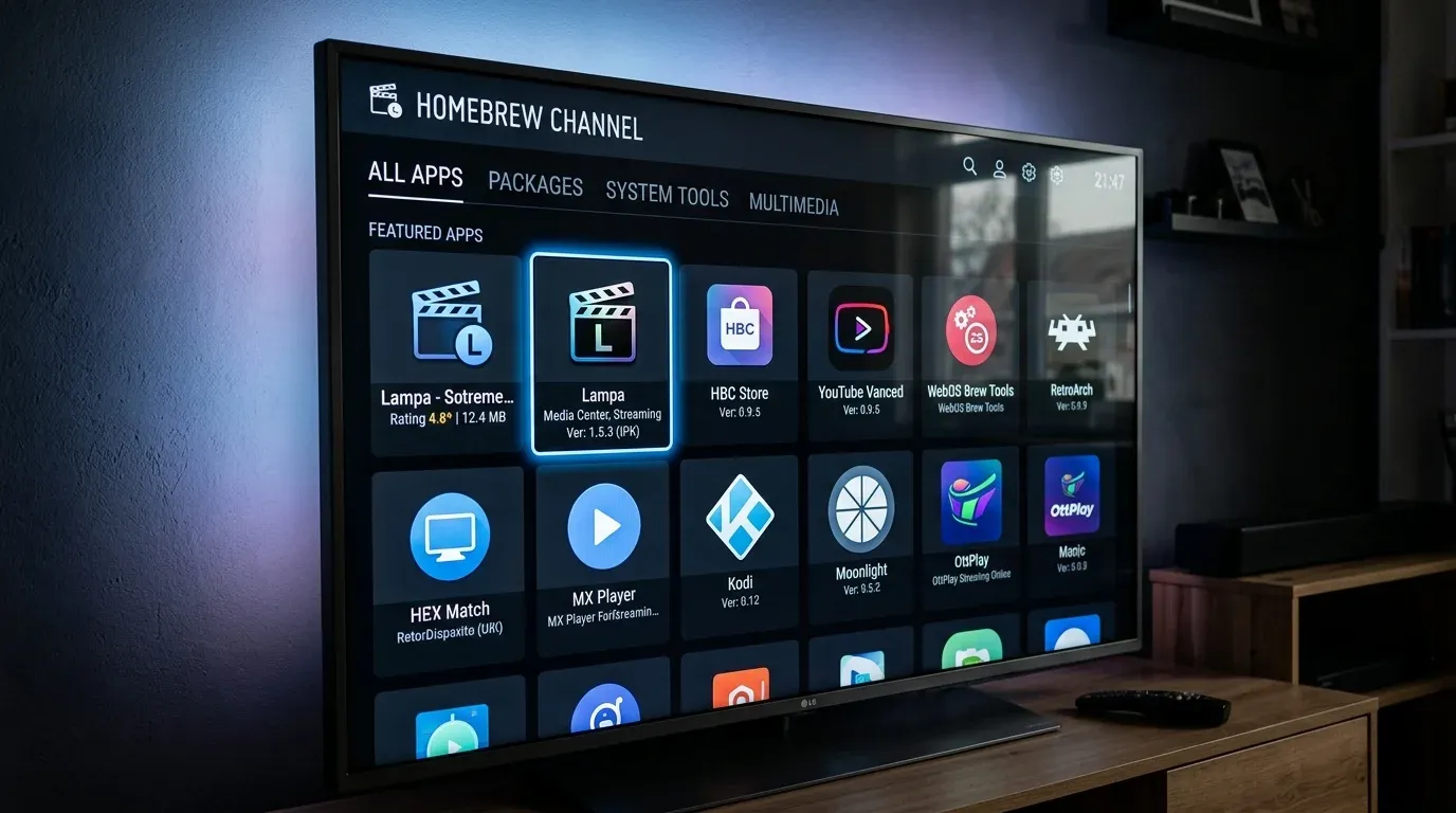 Каталог Homebrew Channel на экране телевизора LG с установленным пакетом Lampa IPK