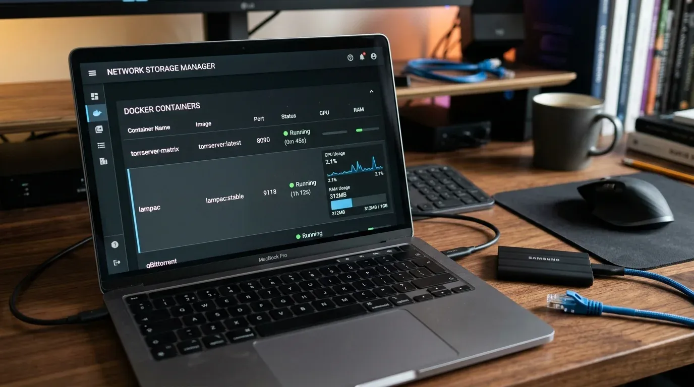 Панель управления контейнерами Container Manager на Synology DSM со статусом служб TorrServer и Lampac