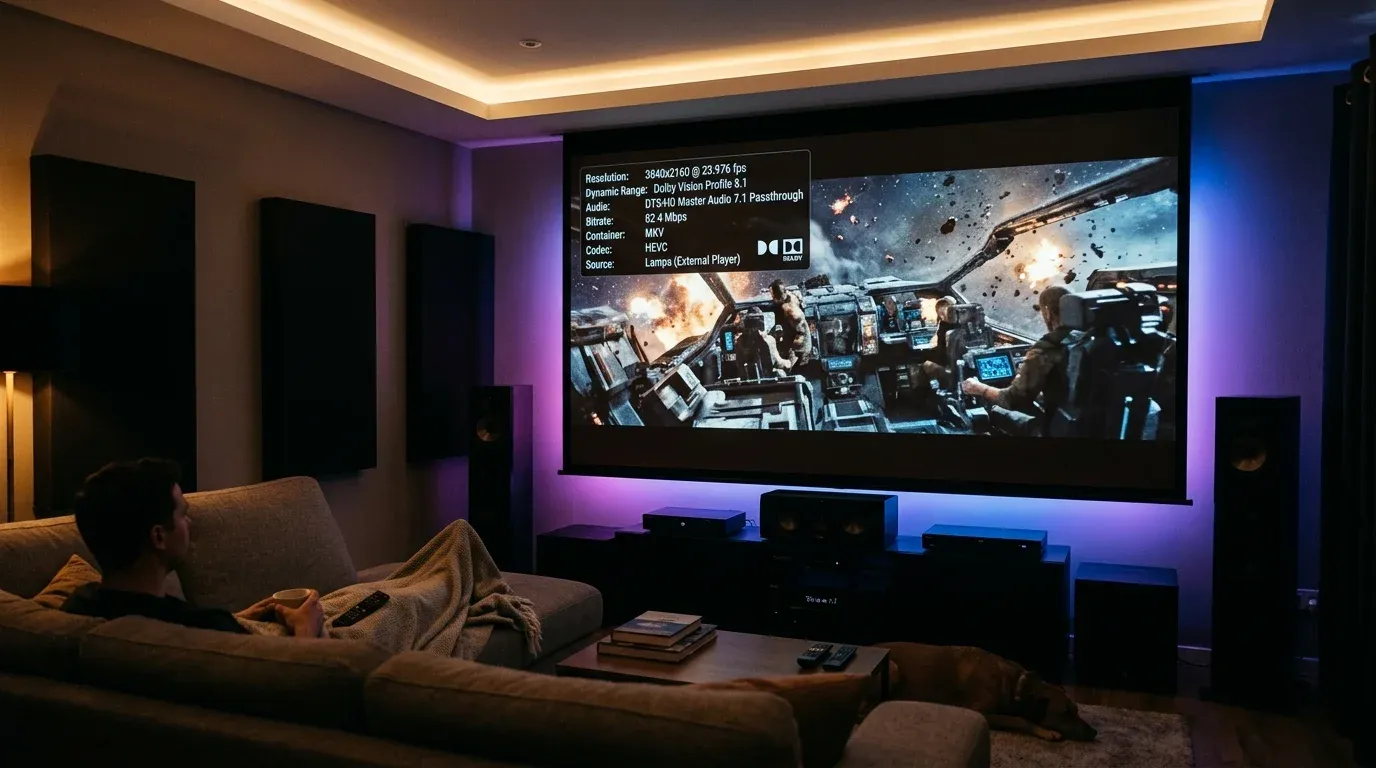 Воспроизведение 4K HDR фильма через Just Player с технической телеметрией битрейта и аудиопотока
