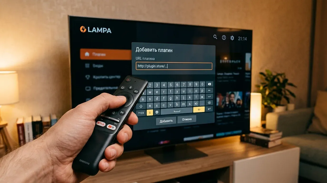 Диалоговое окно добавления URL адреса плагина на экране Smart TV с помощью пульта