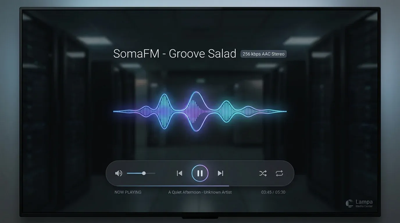 Интерфейс воспроизведения радиостанции SomaFM Groove Salad с эквалайзером и информацией о битрейте потока