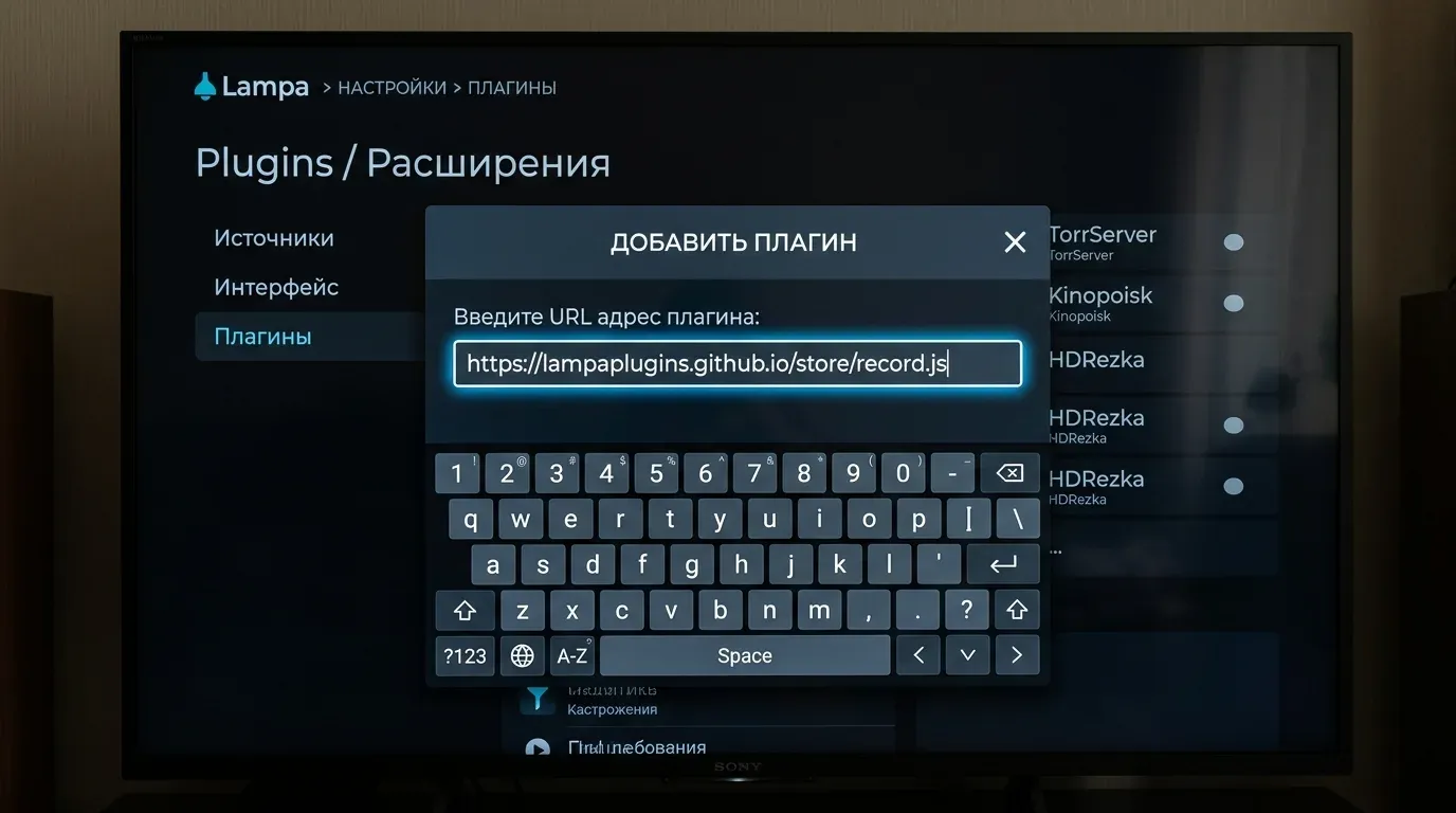 Окно добавления плагина онлайн-радио через экранную клавиатуру в настройках Lampa