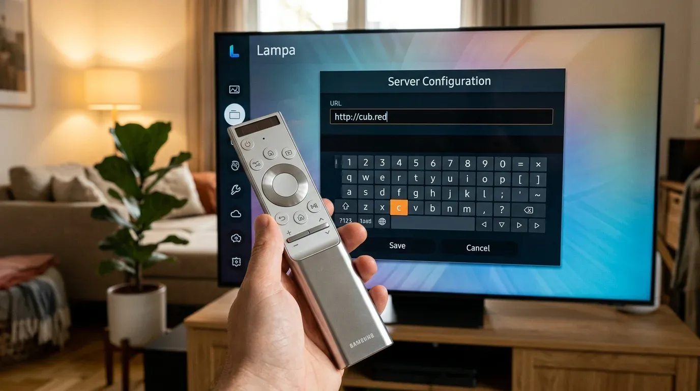 Ввод адреса нового сервера Lampa на телевизоре Samsung с помощью экранной клавиатуры Tizen и пульта Smart Control