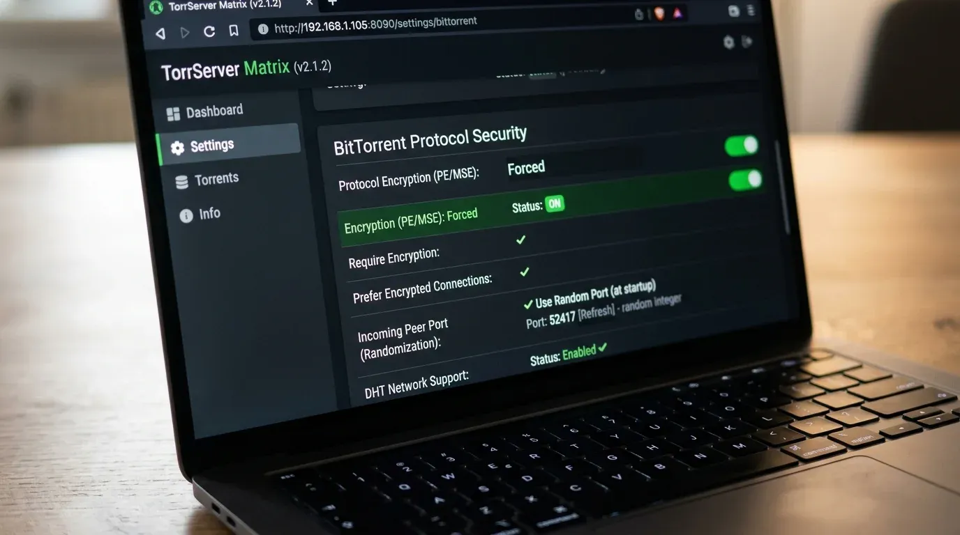 Настройка принудительного шифрования протокола BitTorrent в веб-интерфейсе TorrServer Matrix