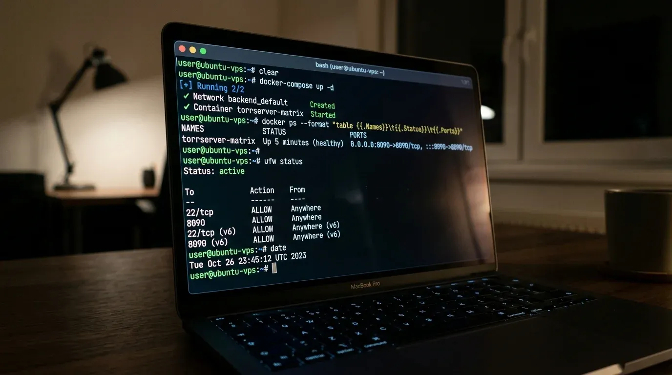 Терминал SSH на ноутбуке администратора с выводом статуса контейнера TorrServer Matrix в Docker
