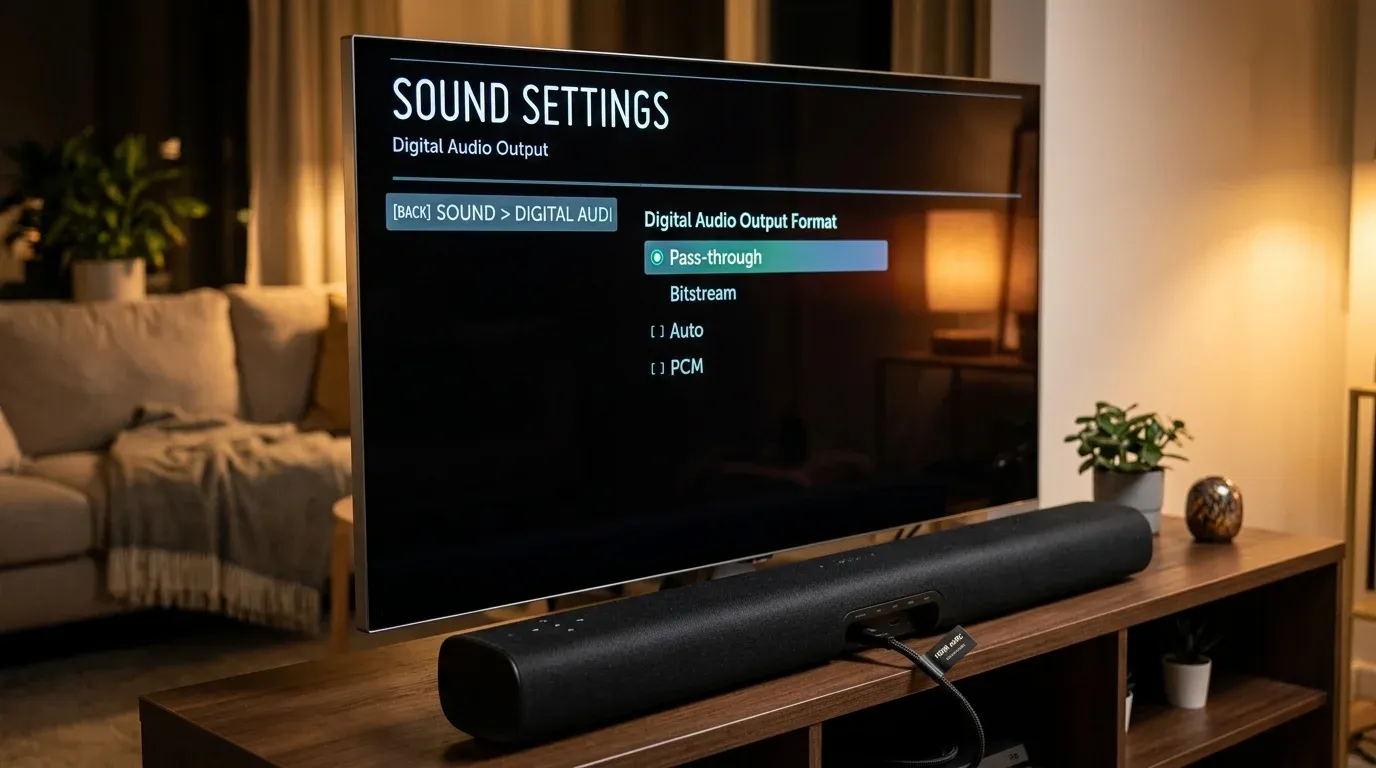 Меню настроек цифрового аудиовыхода телевизора со сквозным режимом Pass-through по HDMI eARC