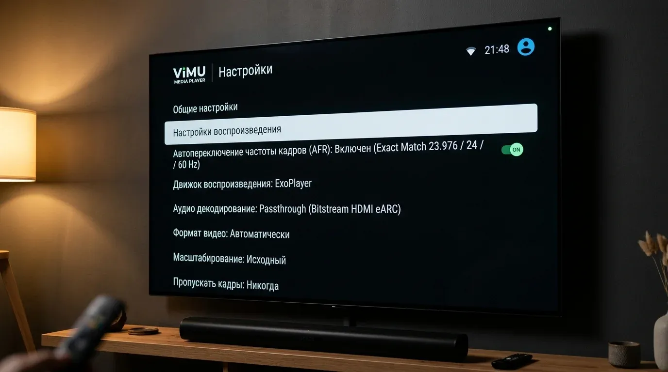 Экран тонкой настройки автофреймрейта и движка декодирования в плеере Vimu Media Player