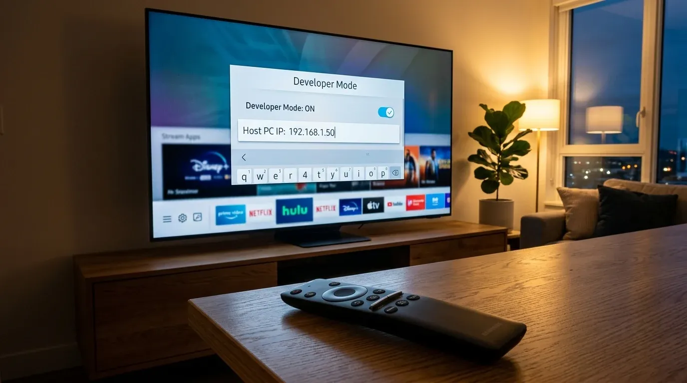 Экран телевизора Samsung Smart TV с открытым окном Developer Mode и полем ввода IP адреса хоста