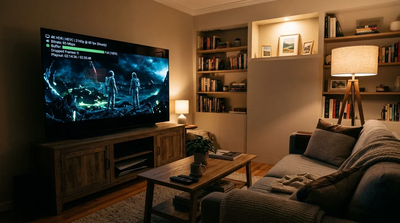 Воспроизведение 4K HDR фильма на экране телевизора с телеметрией стабильного сетевого буфера