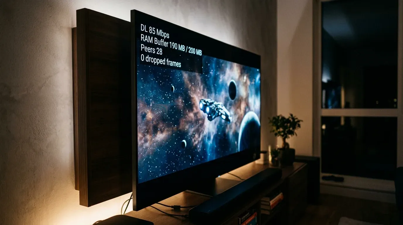 Телеметрия воспроизведения 4K HDR фильма на экране телевизора с данными о битрейте и заполнении буфера