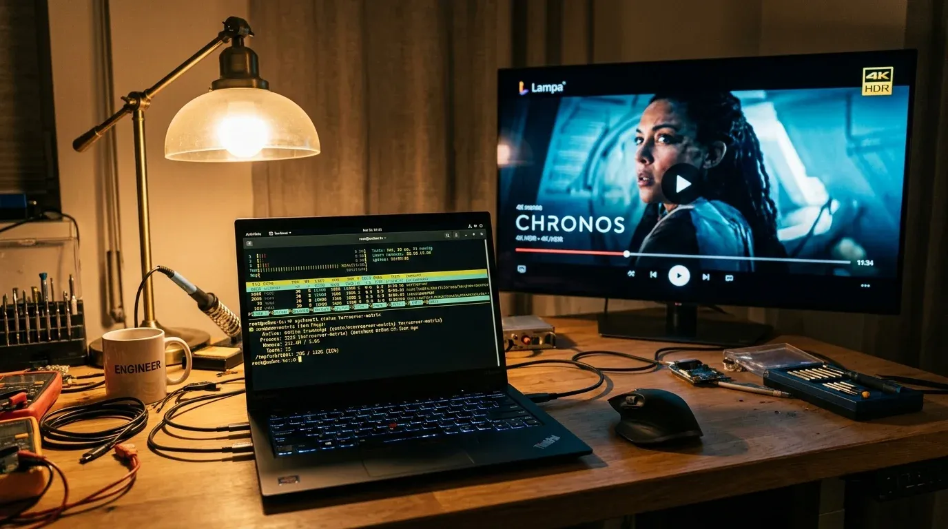 Рабочее место инженера с терминалом SSH и мониторингом ресурсов TorrServer на LG webOS