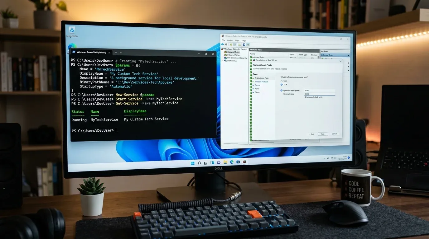 Командная строка PowerShell с настройкой службы NSSM и окно брандмауэра с открытием входящего порта 8090