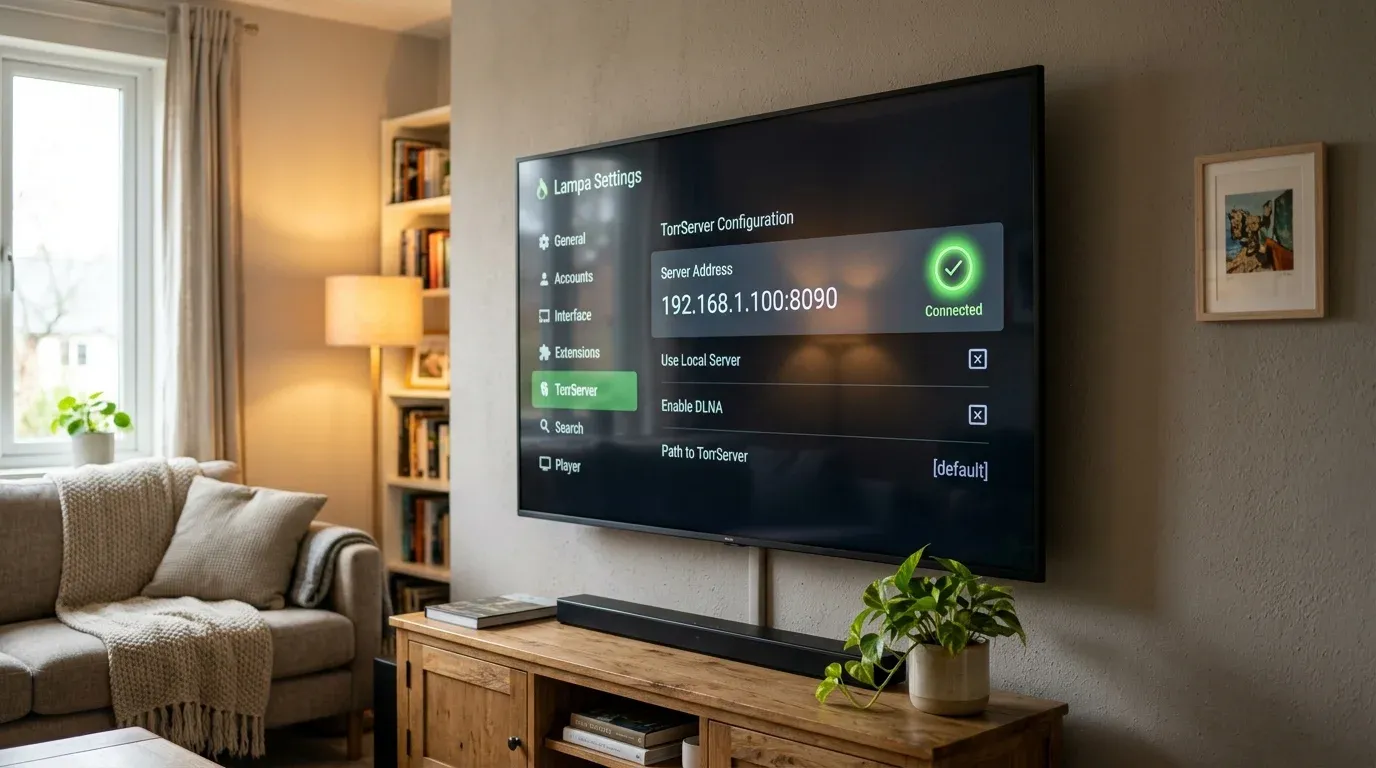 Экран Smart TV с настройками Lampa и успешно подключенным локальным адресом TorrServer