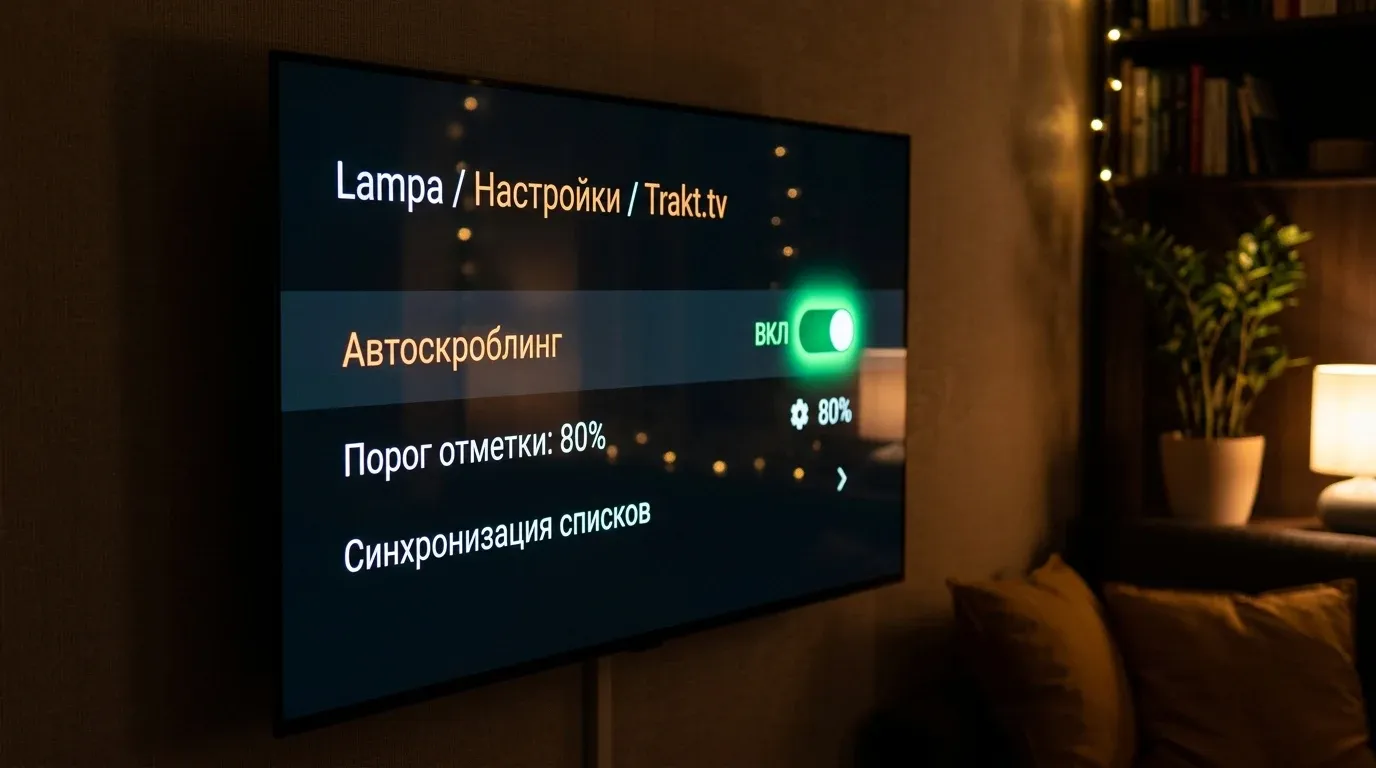 Меню параметров плагина Trakt в интерфейсе Lampa с включенным автоскробблингом
